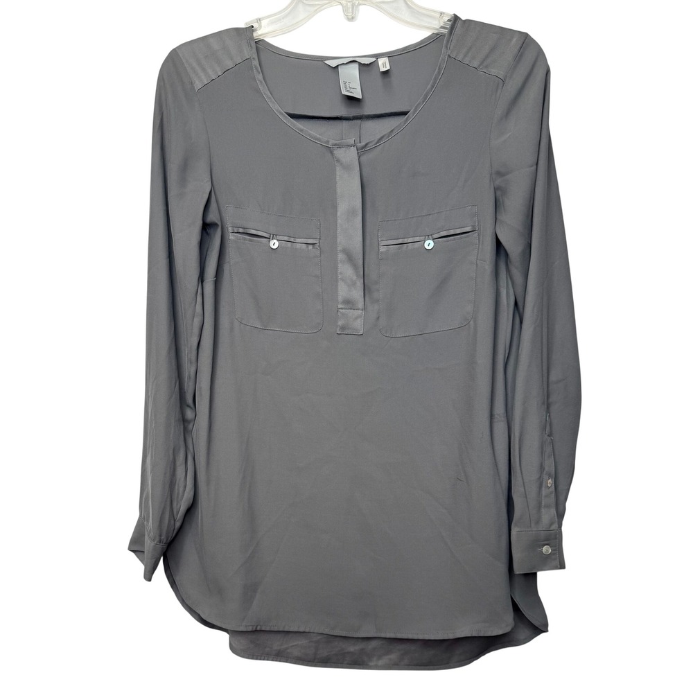 H&M Blouse Womens 4 Grey Long Sleeve Pocket Front Top Business Casual Minimalist